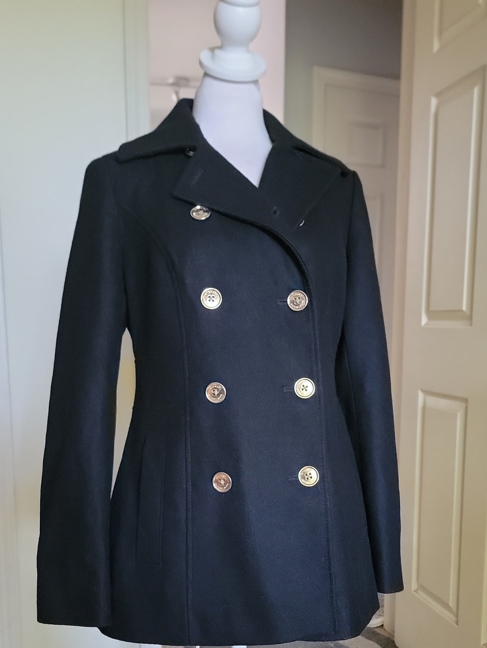 Michael Kors Black Double-Breasted Peacoat with Gold Buttons